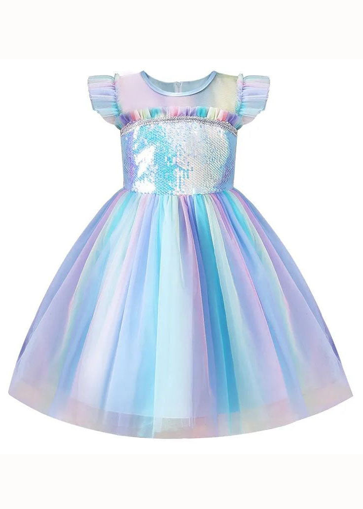 Art Blue Gradient Ruffled Sequins Patchwork Tulle Kids Girls Dresses Summer