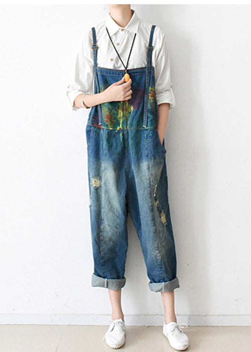 Art Blue Graffiti Denim Strap Jumpsuit Ripped Jeans Fall