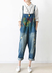 Art Blue Graffiti Denim Strap Jumpsuit Ripped Jeans Fall