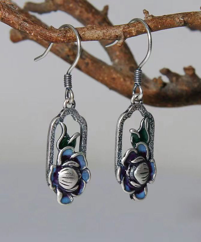 Art Blue Lotus Patchwork Silver Drop Earrings