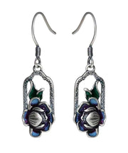 Art Blue Lotus Patchwork Silver Drop Earrings