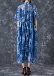 Art Blue Mandarin Collar Tie Dye Lace Up Dress Summer