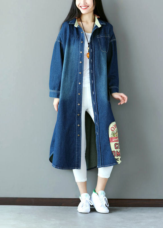 Art Blue Oversized Patchwork Applique Cotton Denim Trench Spring