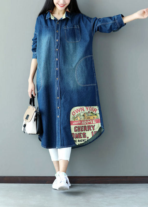 Art Blue Oversized Patchwork Applique Cotton Denim Trench Spring