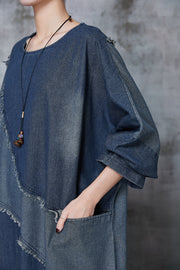 Art Blue Oversized Patchwork Denim Holiday Dress Spring