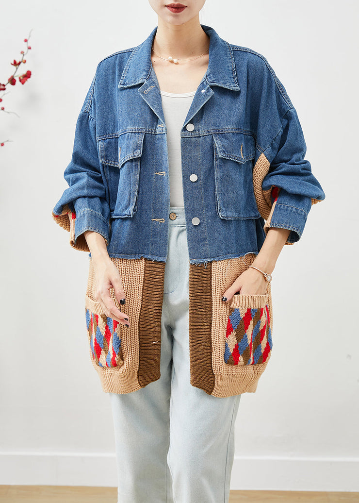 Art Blue Oversized Patchwork Pockets Denim Jacket Fall