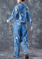 Art Blue Oversized Patchwork Print Denim Two-Piece Set Spring