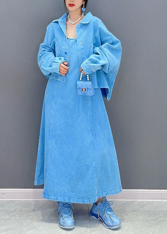 Art Blue Peter Pan Collar Patchwork Coat And Dress Denim Two Pieces Set Spring