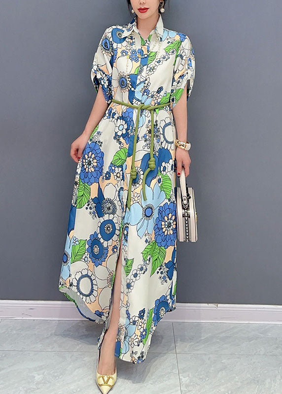 Art Blue Peter Pan Collar Print Cotton Maxi Shirts Dresses Summer