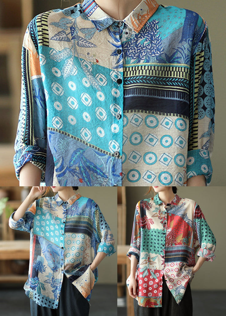 Art Blue Peter Pan Collar Print Patchwork Linen Shirts Top Spring