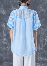 Art Blue Peter Pan Collar Tassel Silk Blouse Tops Lantern Sleeve