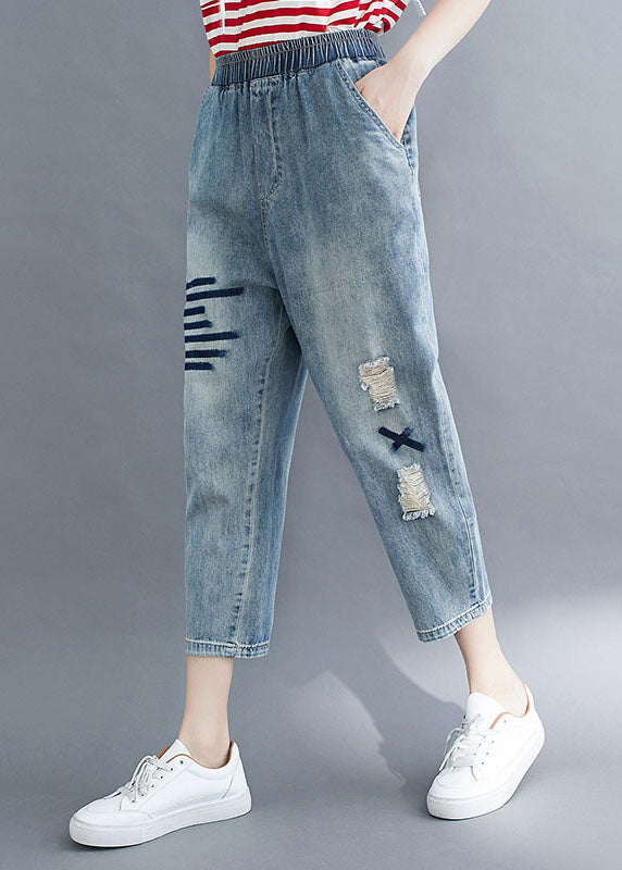 Art Blue Pockets Elastic Waist Patchwork Denim Crop Pants Summer