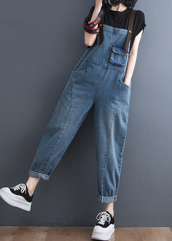 Art Blue Pockets Patchwork Denim Strap Jumpsuits Spring