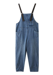 Art Blue Pockets Patchwork Denim Strap Jumpsuits Spring