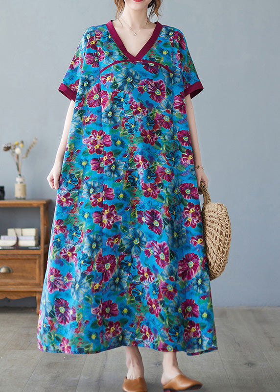 Art Blue Print Patchwork Cozy Long Dresses Summer