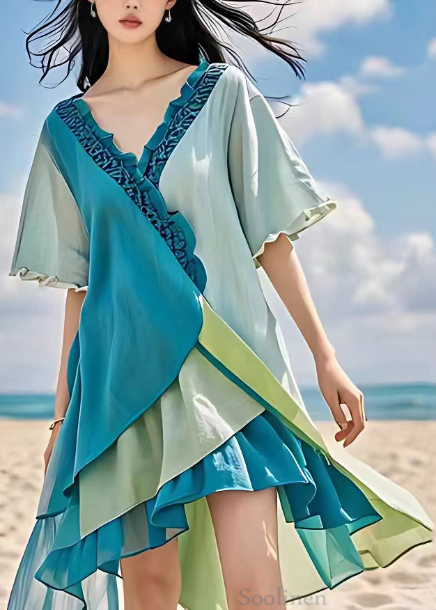 Art Blue Ruffled Low High Design Cotton Dresses Summer