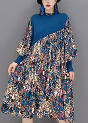 Art Blue Stand Collar Patchwork Print Chiffon Dresses Lantern Sleeve