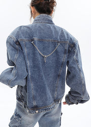 Art Blue Stand Collar Patchwork Zippered Denim Coats Long Sleeve