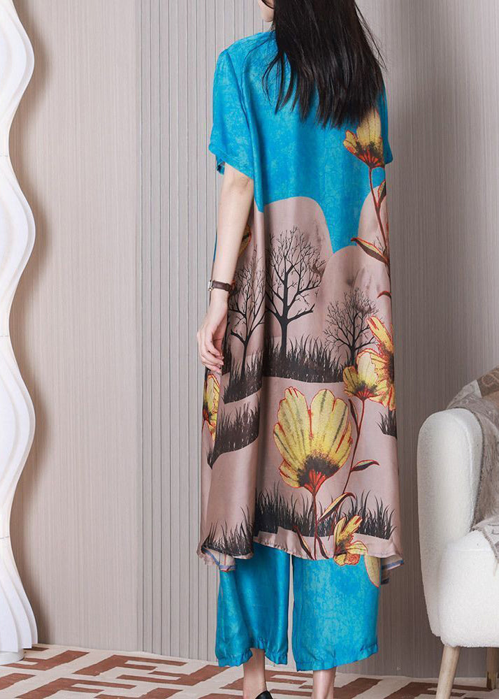 Art Blue Stand Collar Print Draping Silk A Line Dress Two Pieces Set Summer