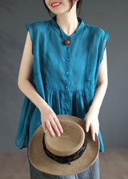 Art Blue Stand Collar Wrinkled Patchwork Linen Top Sleeveless