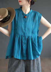 Art Blue Stand Collar Wrinkled Patchwork Linen Top Sleeveless