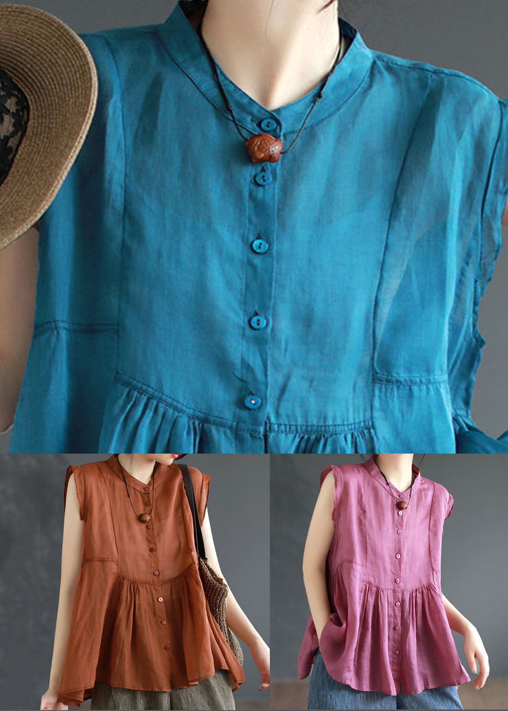 Art Blue Stand Collar Wrinkled Patchwork Linen Top Sleeveless