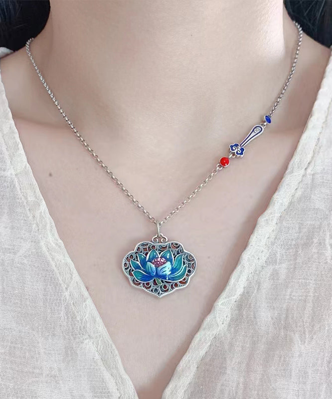 Art Blue Sterling Silver Copper Cloisonne Lotus Pendant Necklace