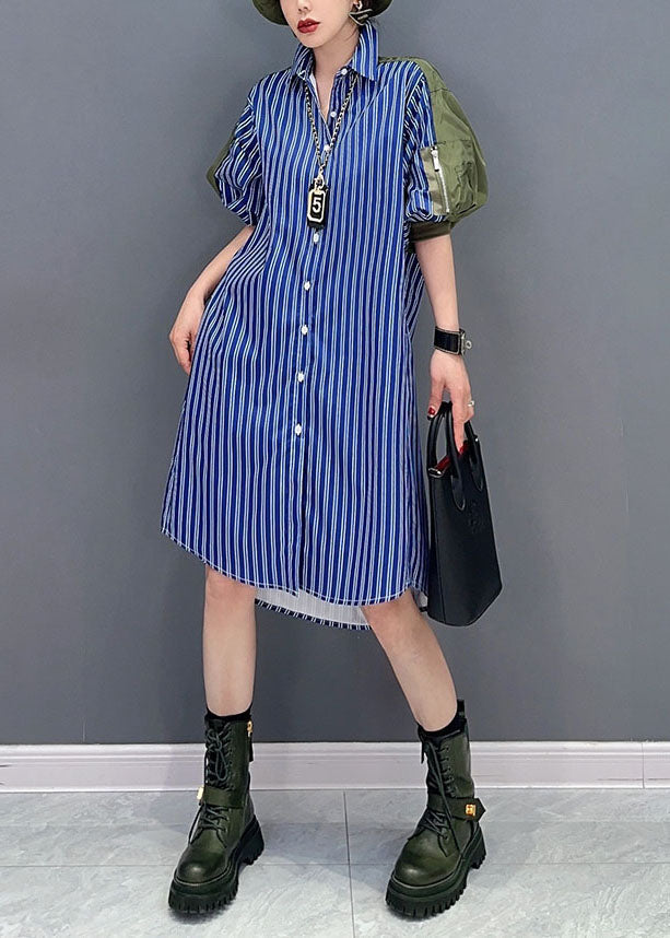 Art Blue Striped Peter Pan Collar Patchwork Cotton Shirt Dresses Puff Sleeve