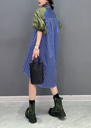 Art Blue Striped Peter Pan Collar Patchwork Cotton Shirt Dresses Puff Sleeve