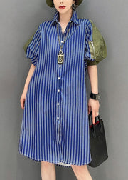 Art Blue Striped Peter Pan Collar Patchwork Cotton Shirt Dresses Puff Sleeve