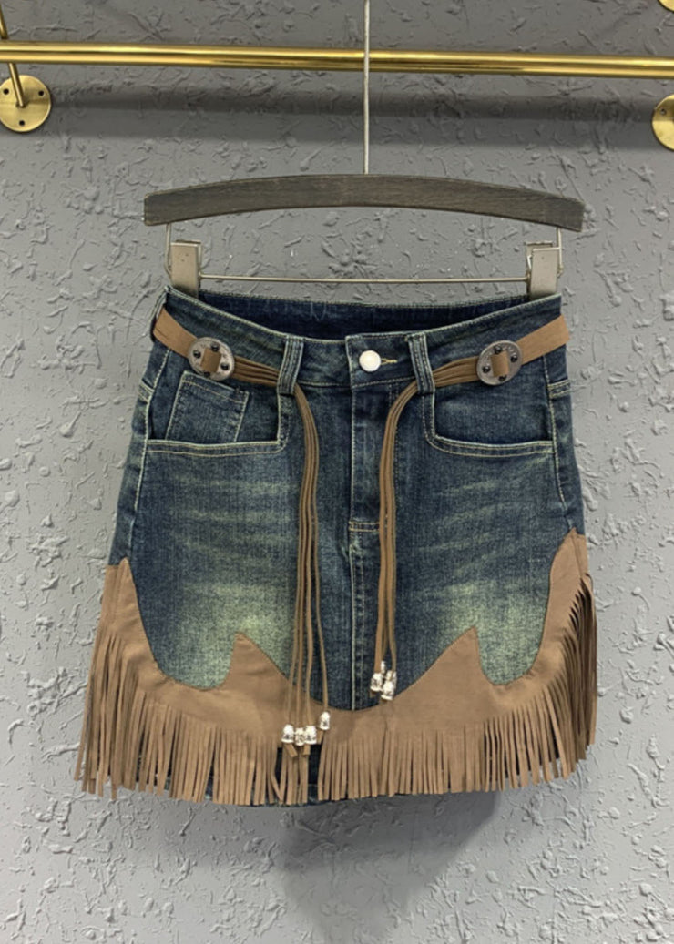 Art Blue Tassel Patchwork High Waist Denim Skirt Summer