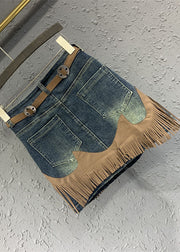 Art Blue Tassel Patchwork High Waist Denim Skirt Summer