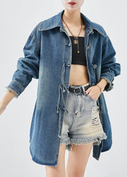 Art Blue Tasseled Chinese Button Denim Coats Fall