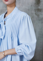 Art Blue Tie Up Wrinkled Cotton Blouse Top Spring