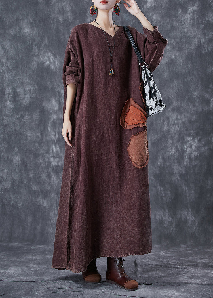 Art Brick Red Oversized Patchwork Applique Linen Ankle Dress Batwing Sleeve