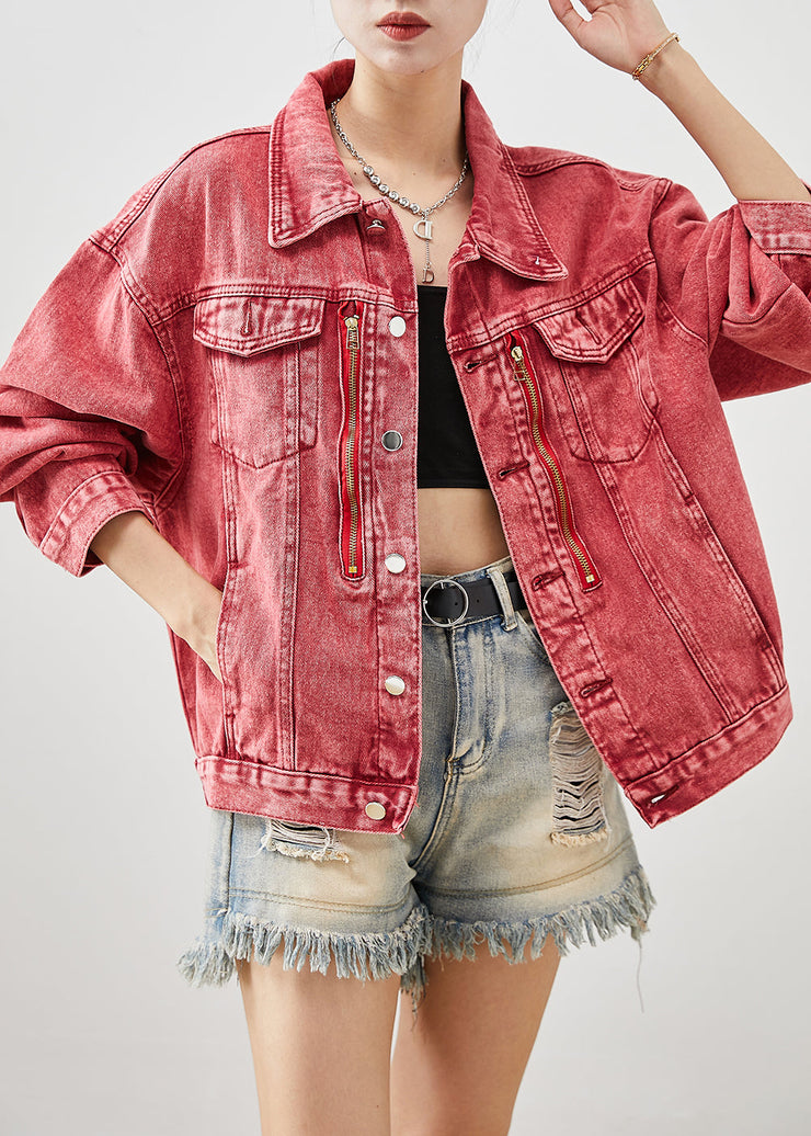 Art Brick Red Zip Up Oversized Denim Jackets Fall