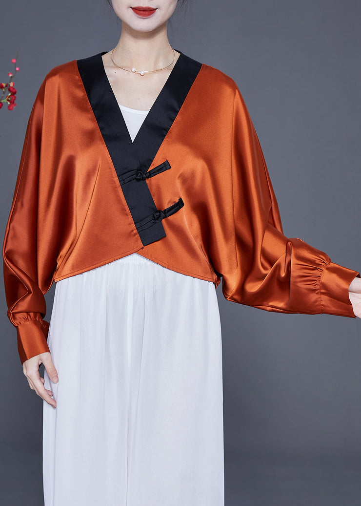 Art Caramel Oversized Patchwork Chinese Button Silk Shirt Spring