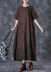 Art Chocolate Print Side Open Linen Dresses Summer