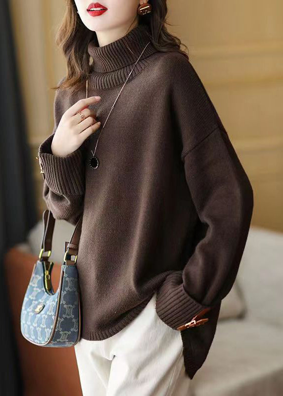 Art Chocolate Turtle Neck Low High Design Knit Sweater Winter