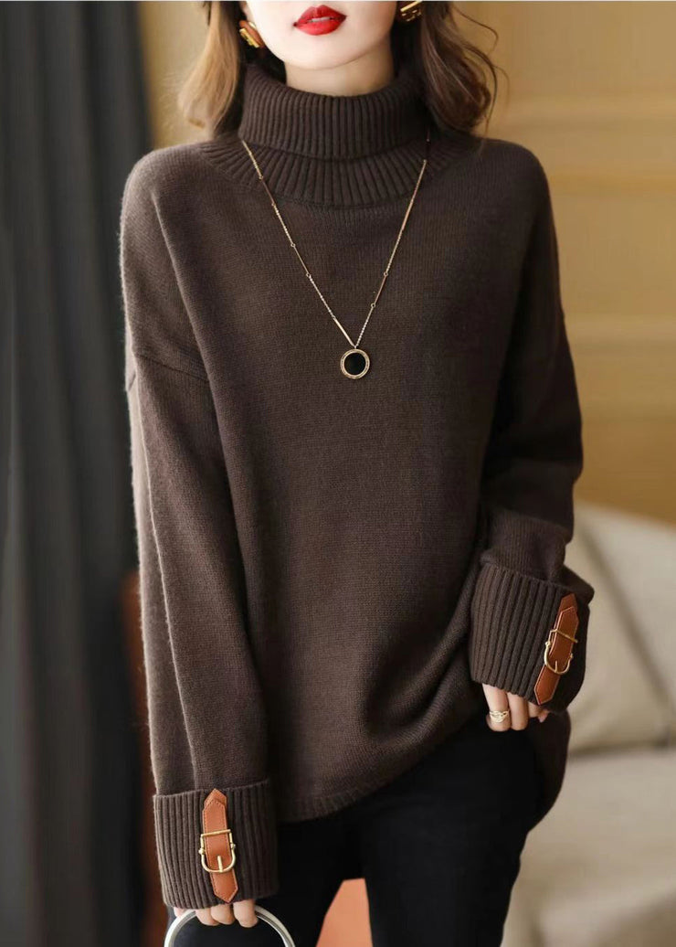 Art Chocolate Turtle Neck Low High Design Knit Sweater Winter