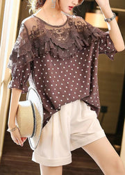 Art Coffee Lace Patchwork Dot Print Top Half Sleeve