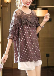 Art Coffee Lace Patchwork Dot Print Top Half Sleeve