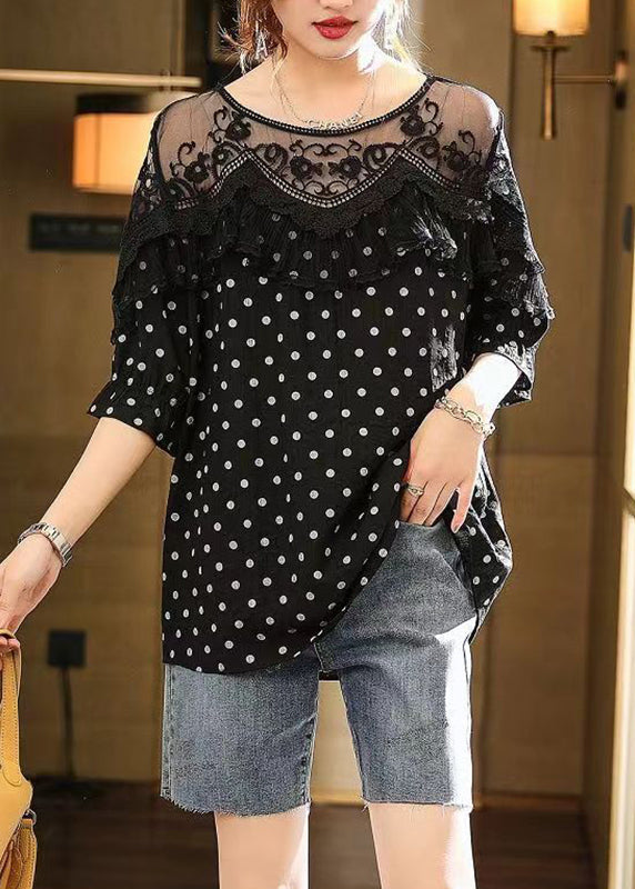 Art Coffee Lace Patchwork Dot Print Top Half Sleeve