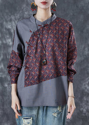 Art Coffee Mandarin Collar Patchwork Print Linen Oriental Top Summer