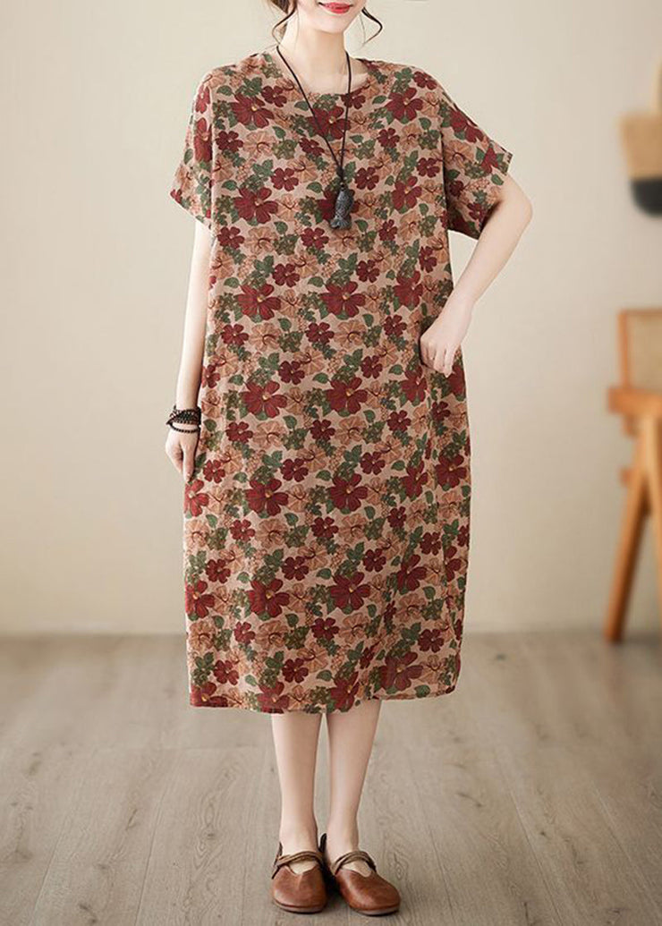 Art Coffee O-Neck Floral Print Cotton Dresses Short Sleeve