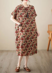 Art Coffee O-Neck Floral Print Cotton Dresses Short Sleeve