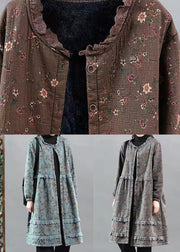 Art Coffee Print Lace Button Patchwork Warm Fleece Coat Fall