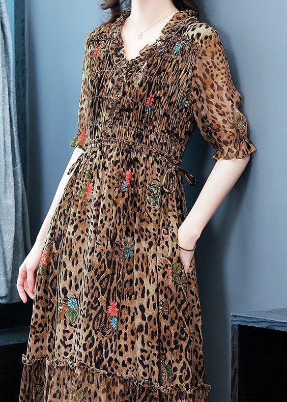 Art Coffee Ruffled Patchwork Leopard Print Silk Dress Summer