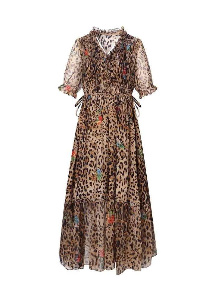 Art Coffee Ruffled Patchwork Leopard Print Silk Dress Summer