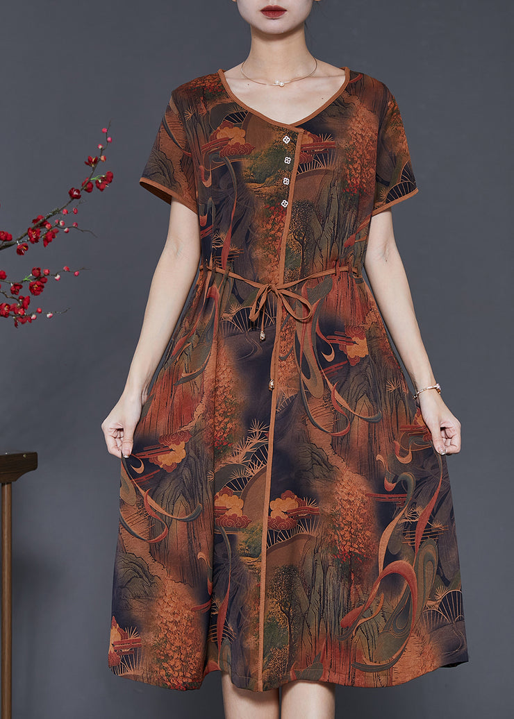 Art Coffee Tie Waist Print Silk Long Dresses Summer